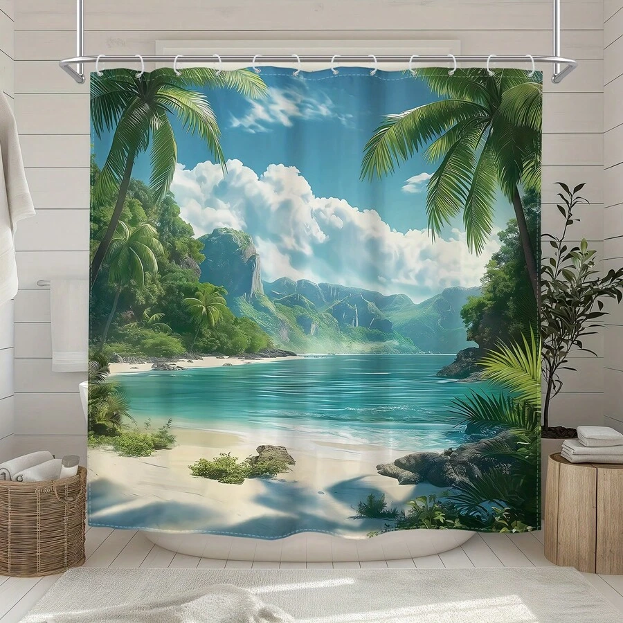 Bộ rèm tắm biển 1 chiếc, rèm tắm có 12 móc nhựa, họa tiết dừa biển Hawaii, bầu trời xanh, mây trắng, phong cảnh thiên nhiên, phụ kiện trang trí nhà cửa, trang trí phòng tắm - trắng - Xem 1