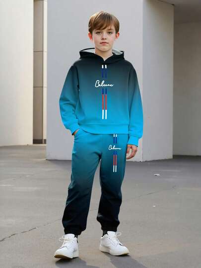 2pcs/Set Boys Gradient Print Hoodie And Sweatpants Set, Casual Fashion Knit Long Sleeve Top And Pants, Suitable For Spring, Autumn And Winter