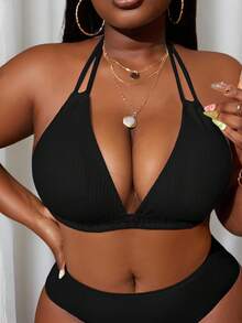 Slaydiva Plus Size Solid Color Textured Fabric Halter Swim Top Summer - Black - View 5