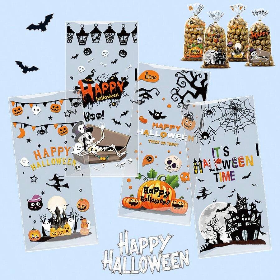 50 pièces de sacs transparents pour collations, bonbons, thème d'Halloween avec imprimés de citrouilles et de crânes. Sacs cadeaux d'emballage pour fête de vacances avec attaches torsadées