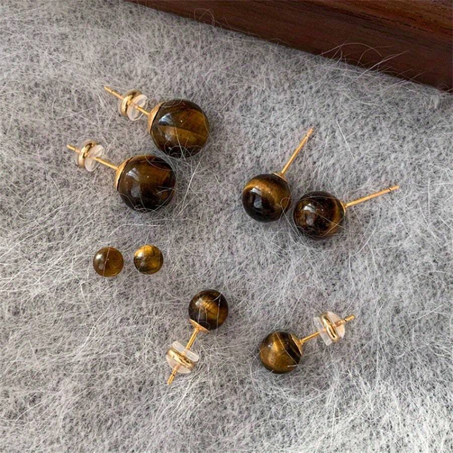 1 件 24K 金天然石风格虎眼石耳钉简约复古气质耳环耳饰 - 彩色 - 查看 1