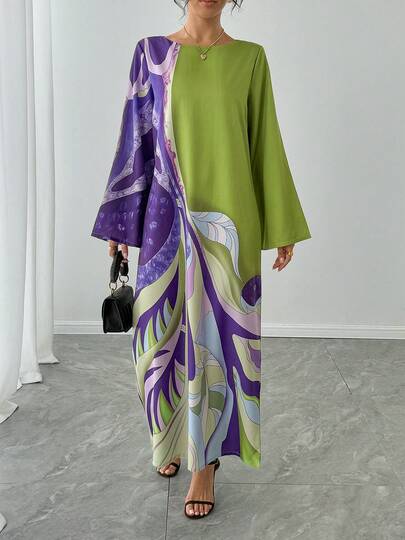 1 pieza Vestido largo de manga abullonada con cuello redondo y estampado a todo color, contraste de color, vestido maxi de lujo casual/resort para otoño/invierno, elegante y holgado para vacaciones, vestido árabe tradicional abaya, vestido de fiesta de vacaciones