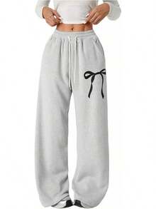 's Bowknot Baggy Sweatpants Lightweight Straight Leg Athletic Pants With Pockets
