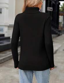 New Bestseller, Women's Long-Sleeved Sweater - Lightweight Pullover Knit Top - màu đen - Xem 5