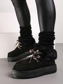 Lace-Up Snow Boots With Thick Sole And Fur - Black - View 2