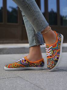 舒适女士帆布系带鞋 - 柔软透气休闲运动鞋，适合步行和跑步 - 佩斯利花紋 - 查看 3