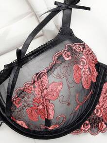 女士性感内衣套装聚拢钢托文胸花朵刺绣两件套 - 黑色 - 查看 6