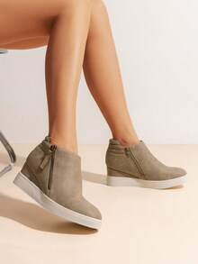 Women's Platform Wedge Sneakers Ankle Booties With An Elastic Strap And Inside Zipper Enhances Comfort - Màu Xám nhạt - Xem 3