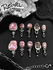 10 Pieces Acrylic Press On Nails,S Halloween Nail Supplies,Black And Pink Gradient Goth Fake Nails, Punk Sweet And Cool Style Shines On The Stage,Black Nails Pink Nails,Almond Nails,Suitable For Ladies To Use In Weddings, Parties, Holidays, Gift Nail Tools. - Multicolor - View 2