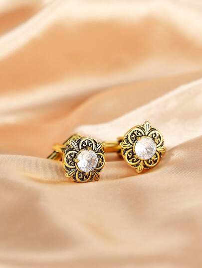 1 Pair Men's Vintage Cufflinks, Creative Floral Pattern Rhinestone Copper Cufflinks, Versatile Suit Accessory, Suitable For Men's Daily Wear