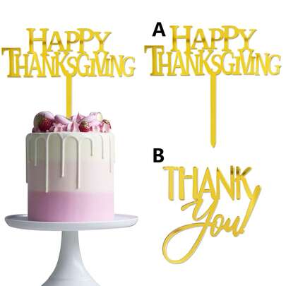 1pc/3pcs/6pcs Golden Acrylic Merry Happy Thanksgiving Day Birthday Cake Decorations, For Thanksgiving Day Party Cake Decorations