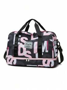 字母图案随机大容量行李旅行行李袋，过夜度假运动健身包，周末随身手提包，干湿分离，休闲多功能便携式单肩包，适合商务 - 彩色 - 查看 6