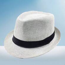 1pc Summer Sun Hat, Korean Fashion British Style Hat, Suitable For Men, Fashionable Beach Sun Hat, Multiple Colors Available, Machine Washable - Leaf Straw Hat - View 5
