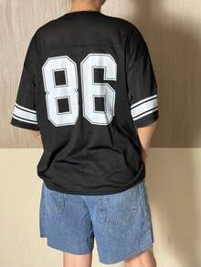 Womens Oversized Jersey Tops Half Sleeve V Neck Letter Graphic Loose T-Shirts Tunics - màu đen - Xem 4