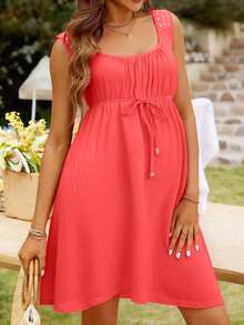 Vestido maternidad dama mujer sin mangas corte suelto ajuste cintura detalle hombros perlas premama embarazo bebe ligera fresca verano primavera días calurosos diario casual - Rosa coral - Ver 2