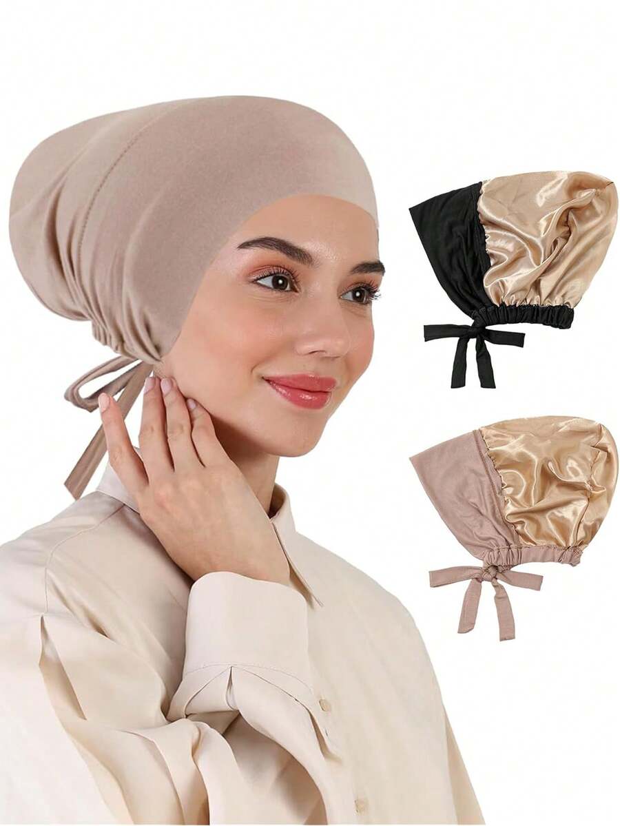 2件装头巾内衬帽 - 优雅缎面伊斯兰头巾，按扣设计，安全系带，适合女性，可用作化疗帽、睡眠帽、日常及特殊场合的头饰配饰，时尚头饰，佩戴舒适，适合女性穿着长袍。 - 顏色 - 查看 1