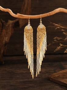 SOUL BEADING Bohemian Beaded Earrings, Vintage Style With Gold And Black Color, Asymmetrical Geometric Tassel Pendant, Elegant And Fashionable Accessory Suitable For Women's Daily Wear And Gift - Hand-beaded Tassel Earrings - View 2