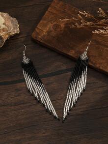 SOUL BEADING Bohemian Beaded Earrings, Vintage Style With Gold And Black Color, Asymmetrical Geometric Tassel Pendant, Elegant And Fashionable Accessory Suitable For Women's Daily Wear And Gift - Hand-beaded Tassel Earrings - View 6