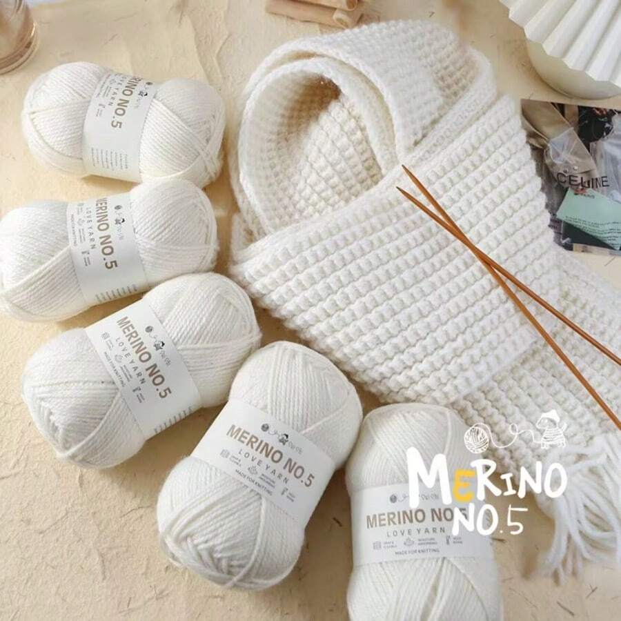 MERINO NO.5 针织纱,5 包*100 克,共 500 克,编织毛衣、帽子、围巾,手工纱线,初学者编织,中等粗度针织纱,多种颜色可选 - N0.5羊毛 - 查看 1