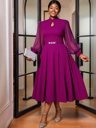 Plus Size Women Elegant Cut Out Mock Neck With Chiffon Tulle Lantern Long Sleeve Buckle A-Line Dresses With Wedding,Dinner Party