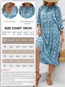 Floral Print Lantern Sleeve Smock Dress - Baby Blue - View 5