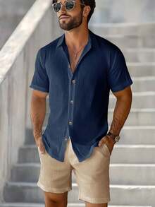 Conjunto informal de dos piezas para hombre (camisa de manga corta lisa + pantalón corto con cordón) - Azul - Ver 2