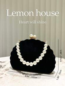 1 件复古优雅新中式天鹅绒贝壳形晚宴包，配珍珠手链，适合宴会、婚礼、派对等正式场合，是送给女性的绝佳礼物 - 黑色 - 查看 3