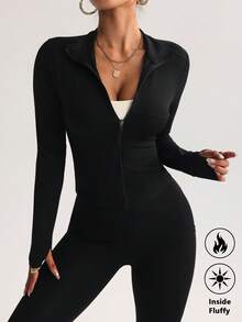 FWH Damski, dopasowany, oddychający zestaw do ćwiczeń, do biegania na świeżym powietrzu, z ochroną przeciwsłoneczną, zapinany na zamek błyskawiczny, elastyczny, prosty, wyszczuplający, modny, seksowny, wysokiej jakości, podstawowy, miejski, elastyczny, rekreacyjny, unikatowy kolor, podkreślający urodę, elegancka, obcisła, termiczna, podszyta, z długim rękawem kurtka do jogi - Czarne - Zobacz 5