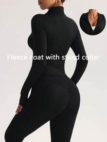 FWH Damski, dopasowany, oddychający zestaw do ćwiczeń, do biegania na świeżym powietrzu, z ochroną przeciwsłoneczną, zapinany na zamek błyskawiczny, elastyczny, prosty, wyszczuplający, modny, seksowny, wysokiej jakości, podstawowy, miejski, elastyczny, rekreacyjny, unikatowy kolor, podkreślający urodę, elegancka, obcisła, termiczna, podszyta, z długim rękawem kurtka do jogi - Czarne - Zobacz 2