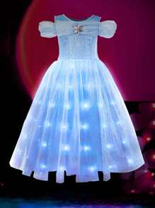 UPORPOR UPORPOR Girls Princess Light Up Dress Up Costume, Blue Glittering Dress For Birthday Party (Battery Not Included)