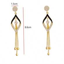 1 Pair Elegant Bohemian Geometric Teardrop Dangle Earrings With Sparkling Artificial Synthetic Zirconia Stones, Golden-Tone Alloy Long Drop Earrings For Women,Perfect For Daily Wear, Parties, Banquets & Gifts, Cute Earrings, Party Accessories, Sophisticated Style, Synthetic Zirconia Embellishments, Daily Wear Jewelry - 黑色 - 查看 6