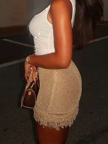 针织流苏新款性感双层半身裙搭配短裤 - 香檳色 - 查看 3