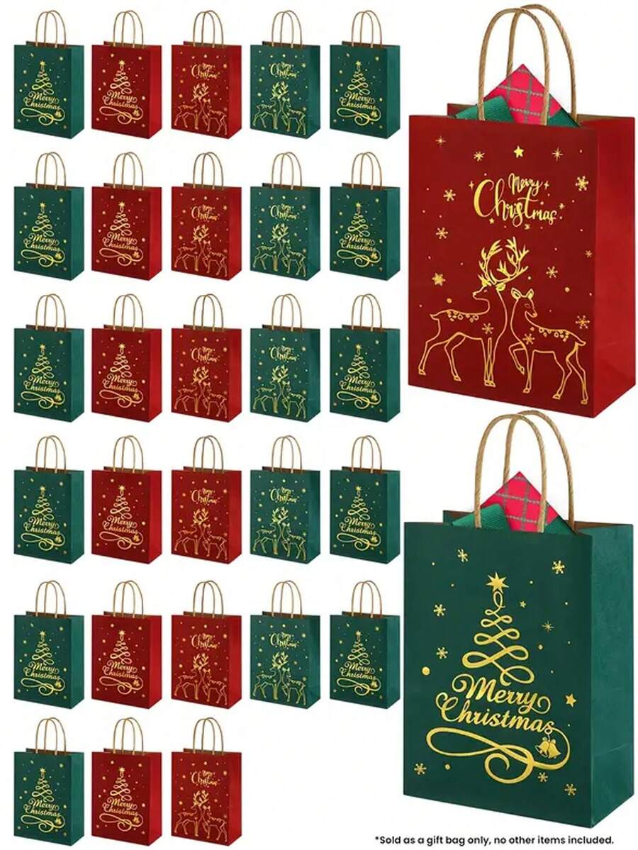 48 Christmas Gift Bags With Handles - Red And Green Reindeer And Christmas Tree Pattern, Large Foldable Wrinkle-Resistant Paper Party Gift Bags, Suitable For Holiday Shopping, Christmas Celebrations And New Year Events, Sturdy Paper Construction Christmas Bags