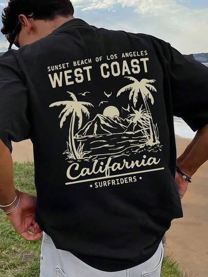 West Coast  Graphic Print 100% Cotton T-Shirt Mens T-Shirt, Summer And Spring Short Sleeve Crew Neck Casual Tops, Mens Clothing