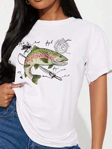 Women'S Casual Crew Neck T-Shirt With Quirky Fish And Insect Graphics 100% Polyester Knit Fabric Regular Length All-Season Comfort – Casual Style Tee With Unique Drawing Print Designgraphic Tees Men Shirts Streetwear White Shirt Black Shirt - 白色 - 查看 3