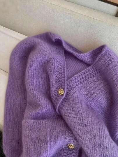 Casual Mohair Solid Color Knit Fabric Front Button Hollow Long Sleeve Sweater, Suitable For Everyday And Dates In Spring & Autumn