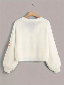 2025 Automne/Hiver Cardigan tricoté à col rond avec ours brodé mignon style coréen pour femmes, doux et douillet - Blanc - Voir 2