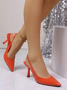 女士高跟鞋，春秋季新款尖头高跟鞋，性感橙色漆皮细高跟凉鞋，派对/婚礼高跟鞋，时尚秀场系带高跟鞋，浅口鞋 - 橘色 - 查看 3