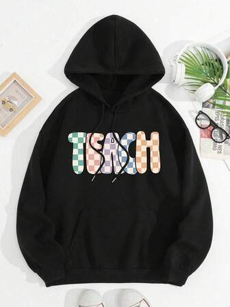 Plus Size 1pc Women's Teacher Graphic Print Casual Hooded Sweatshirt, Hooded Long Sleeve Pullover For Fall And Winter, Long Sleeve Tops For Graduation, Back To School, Graduation, Women's Teacher, Back To School Fall