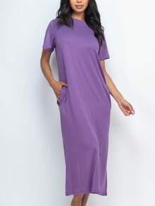 Women's Solid Color Casual Basic Side Pocket Tee Dress For Summer - Quả nho - Xem 2