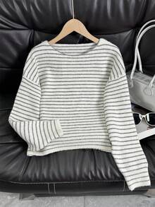 Wixra 秋冬新款韩版条纹宽松休闲时尚女毛衣 - 灰色 - 查看 4