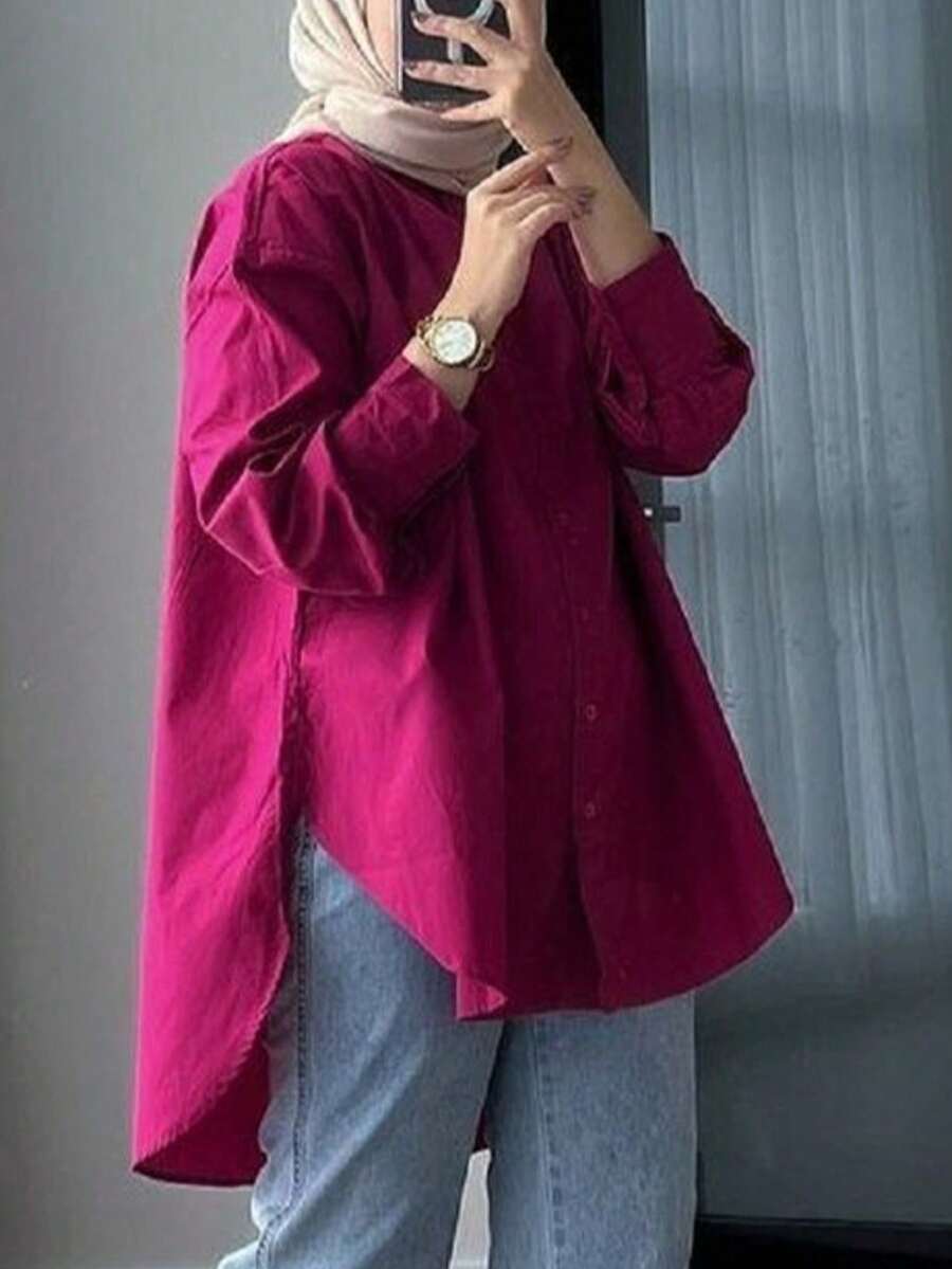 Women's Casual Long Sleeve Shirt, Suitable For All Seasons - Hot Pink - View 1