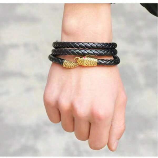 1pc Fashion Personalized Gold Metal Snake Leather Long Bracelet, Suitable For Daily, Party, Festival Gift