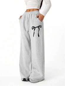 's Bowknot Baggy Sweatpants Lightweight Straight Leg Athletic Pants With Pockets