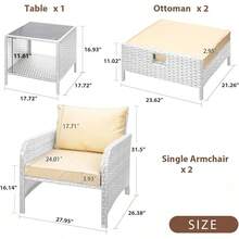 Balcony Furniture 5 Piece Patio Conversation Set, PE Wicker Rattan Outdoor Lounge Chairs With Soft Cushions 2 Ottoman&Glass Table For Porch, Lawn-Brown Wicker - 灰色/卡其色 - 查看 7