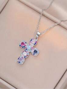 Monlansher 1 件女士时尚项链，不锈钢链，手工铜材质镶嵌锆石十字架和双心形吊坠，优雅奢华魅力 - 銀色 - 查看 14