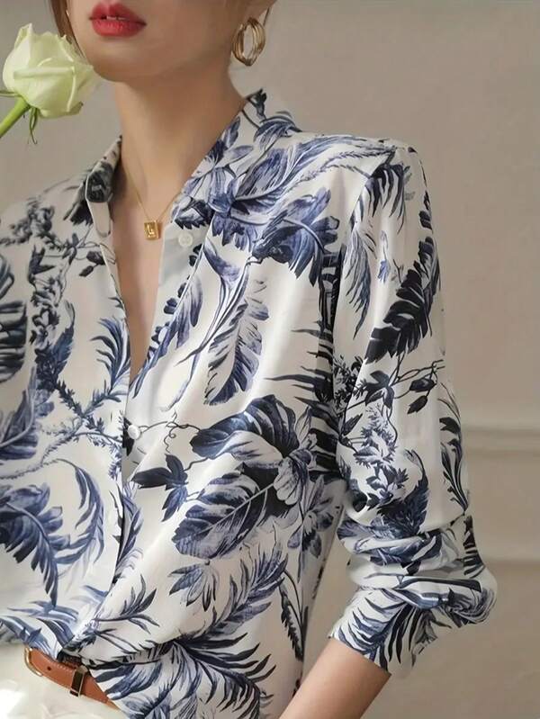 Women's Elegant Leaf Print Collar Long Sleeve Blouse