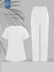 V-Neck Solid Color Pocket Short Sleeve Top And Pants Scrub Set Spring White - White - View 2
