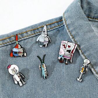  SPONGEBOB 1/6 Pcs Creative AnimeSpongeBob SquarePants Brooch Set Creative Plankton Robot Enamel Pin Backpack Clothing Jewelry Metal Badge Accessories Gifts