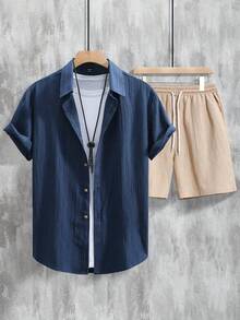 Conjunto informal de dos piezas para hombre (camisa de manga corta lisa + pantalón corto con cordón) - Azul - Ver 3